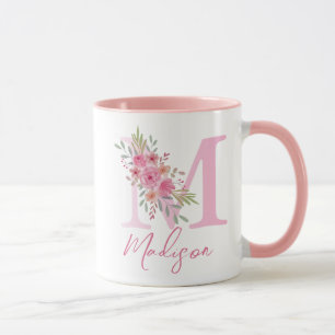 FLORAL SOFT BLUSH ALPHABETS NAME LETTER M  MUG