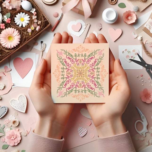 Floral Soft peach kaleidoscopic Script Best Mum  Card (Best Mom Ever manuscript doodle Seamless Fractal Mothers Day CARD)