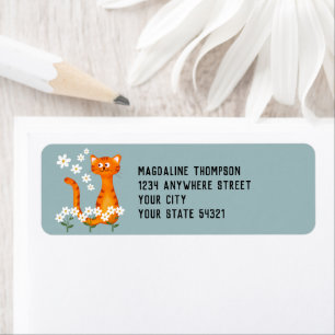 Floral Soft Teal Orange Cat Return Address Return Address Label