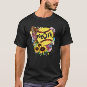 Floral Softball Mom Funny Softball Gloves Mothers T-Shirt