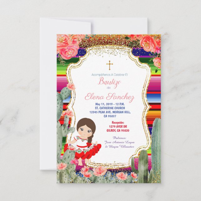 Floral Spanish Fiesta Girl Baptism Christening Invitation (Front)
