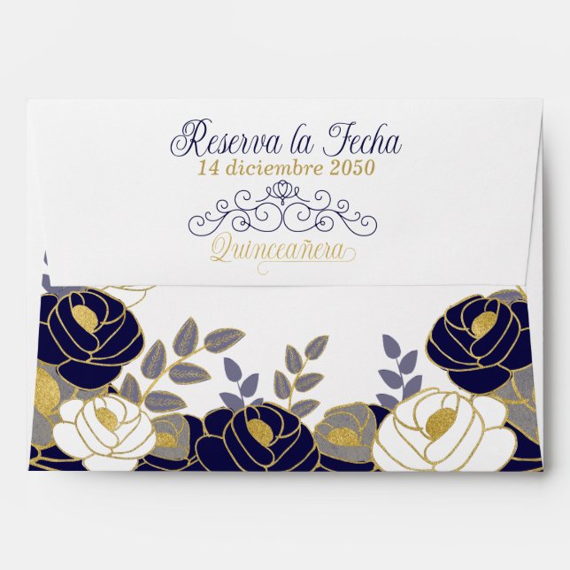 Floral Spanish Quinceanera Navy Blue Envelope (Back (Top Flap))