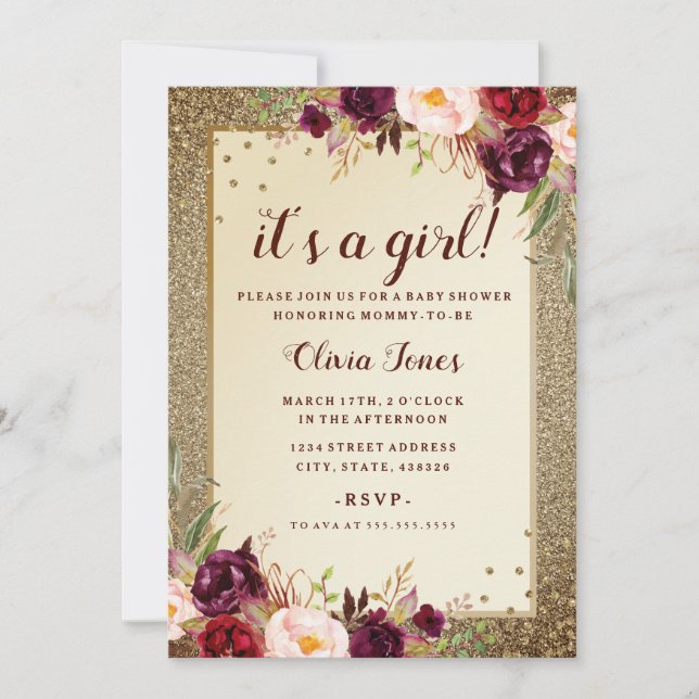 Floral Sparkle Burgundy Gold Baby Shower Invite (Front)