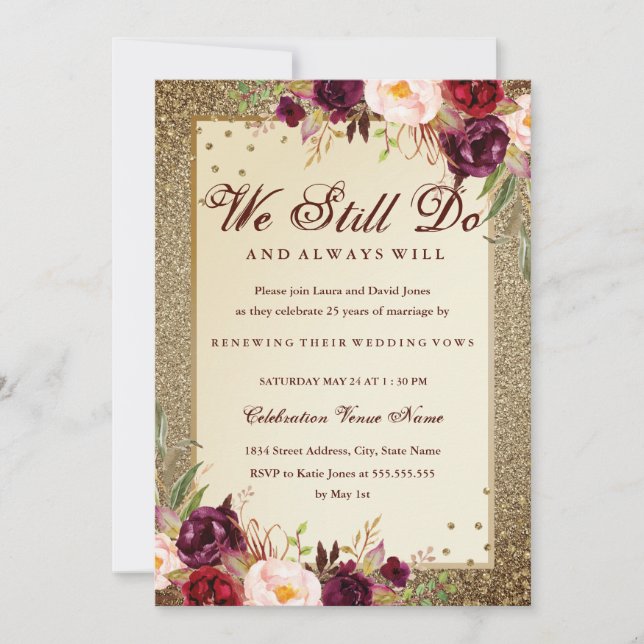 Floral Sparkle Gold Vow Renewal Anniversary Invitation (Front)