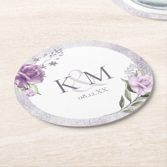 Floral Sparkle Wedding Initials Mauve ID889 Round Paper Coaster (Angled)