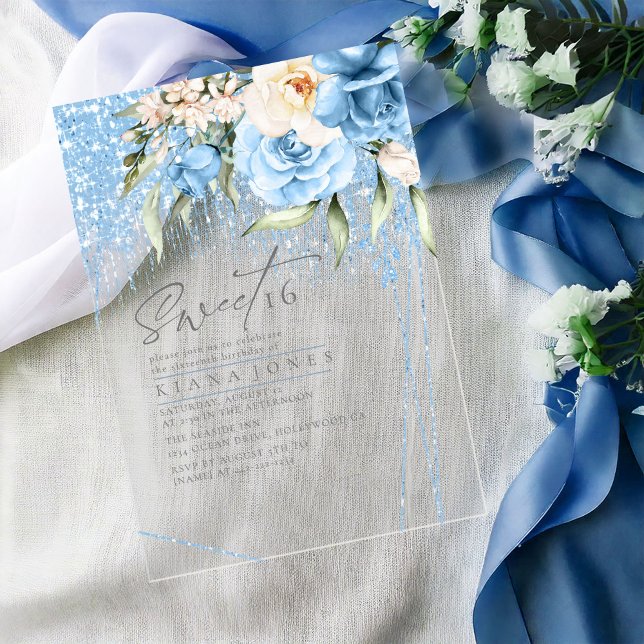 Floral Sparkles Sweet Sixteen Blue ID912 Acrylic Invitations (Creator Uploaded)
