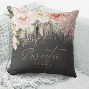 Floral Sparkles Sweet Sixteen Rose Gold/Blk ID912 Cushion