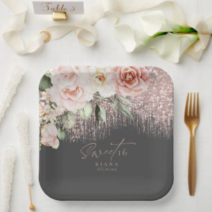 Floral Sparkles Sweet Sixteen Rose Gold/Blk ID912 Paper Plate