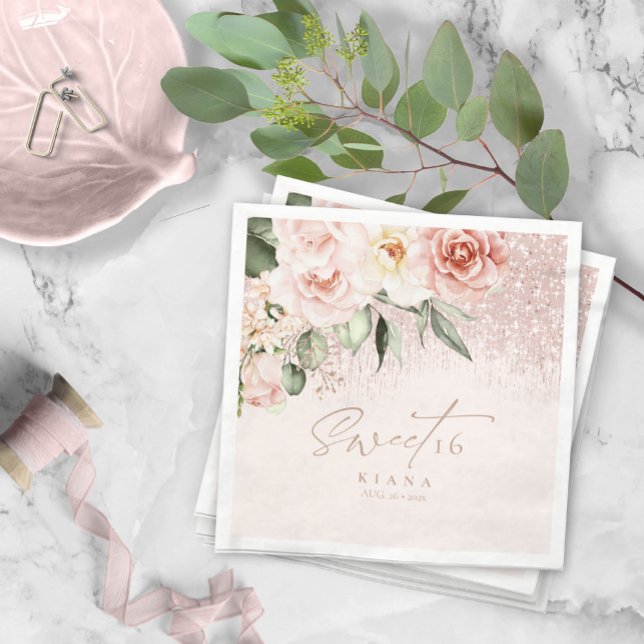 Floral Sparkles Sweet Sixteen Rose Gold ID912 Napkin (Creator Uploaded)