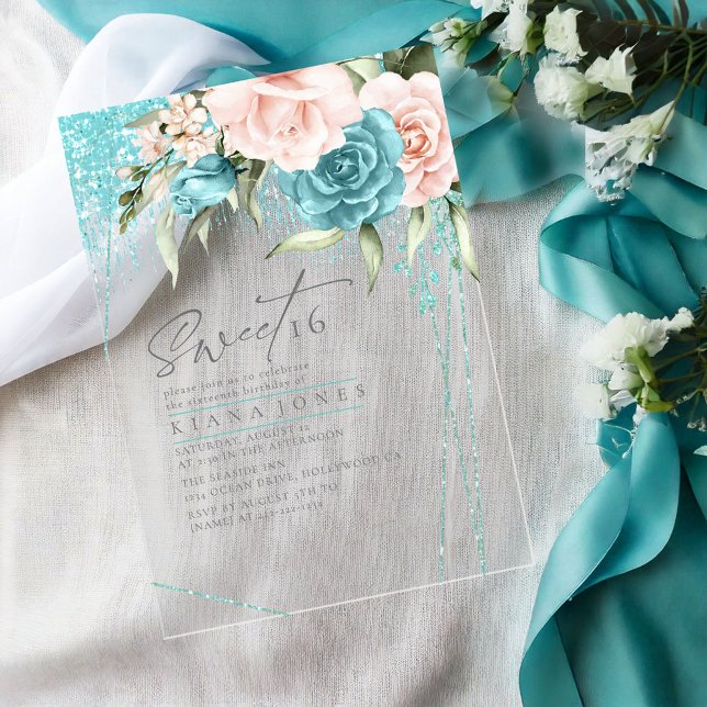 Floral Sparkles Sweet Sixteen Teal ID912 Acrylic Invitations (Creator Uploaded)