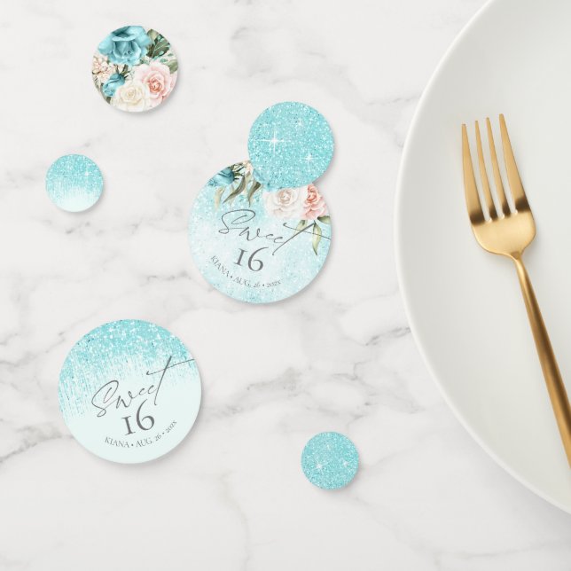 Floral Sparkles Sweet Sixteen Teal ID912 Confetti (Group)