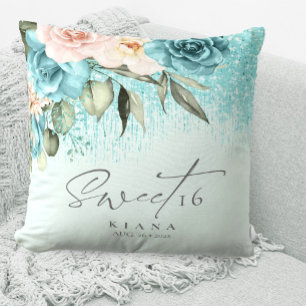 Floral Sparkles Sweet Sixteen Teal ID912  Cushion