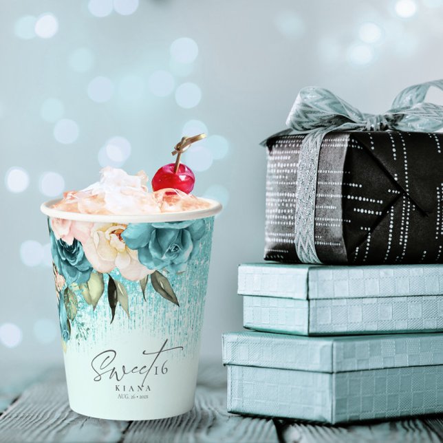 Floral Sparkles Sweet Sixteen Teal ID912 Paper Cups (Creator Uploaded)