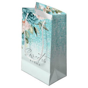 Floral Sparkles Sweet Sixteen Teal ID912 Small Gift Bag