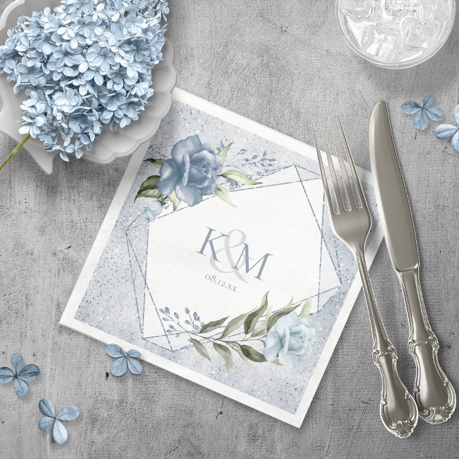 Floral Sparkles Wedding Initials Dusty Blue ID889 Napkin (Creator Uploaded)