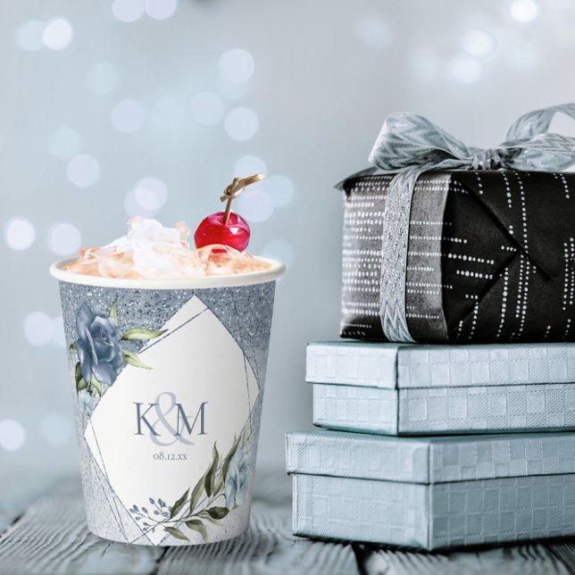 Floral Sparkles Wedding Initials Dusty Blue ID889 Paper Cups (Creator Uploaded)