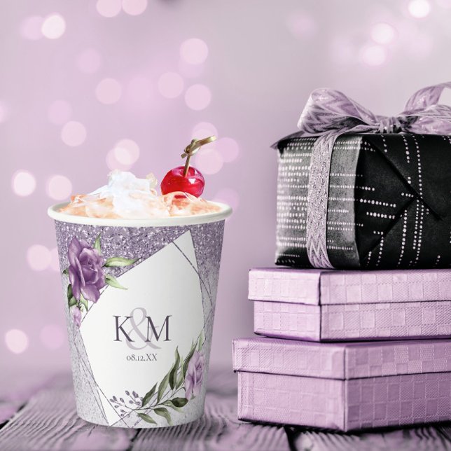 Floral Sparkles Wedding Initials Mauve ID889  Paper Cups (Creator Uploaded)