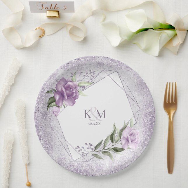 Floral Sparkles Wedding Initials Mauve ID889 Paper Plate (Wedding)