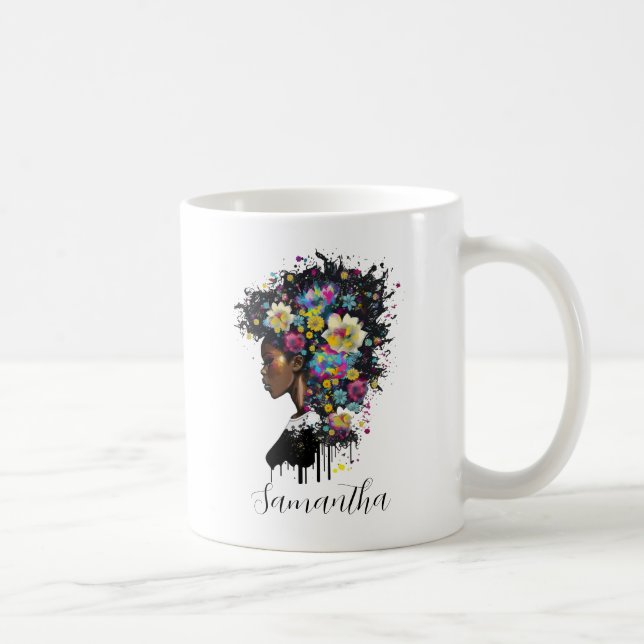 Floral Sparkling African American Woman Coffee Mug (Right)