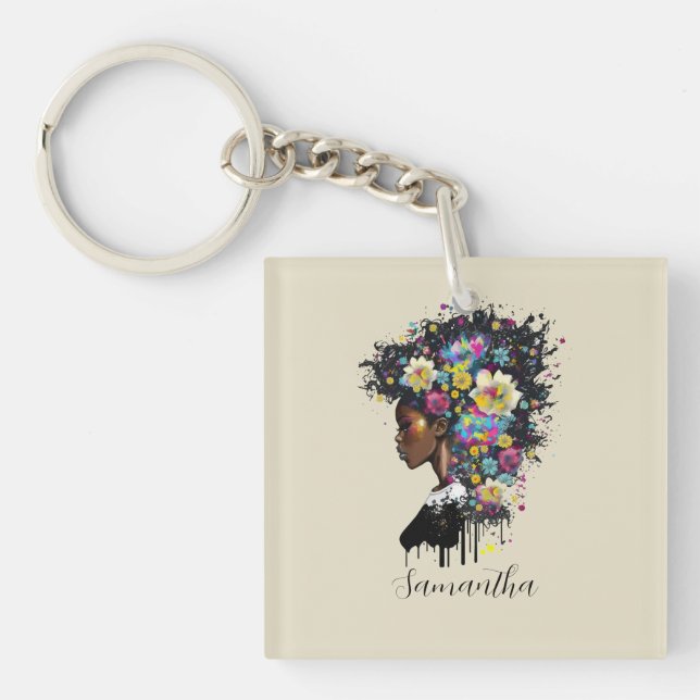 Floral Sparkling African American Woman Key Ring (Front)
