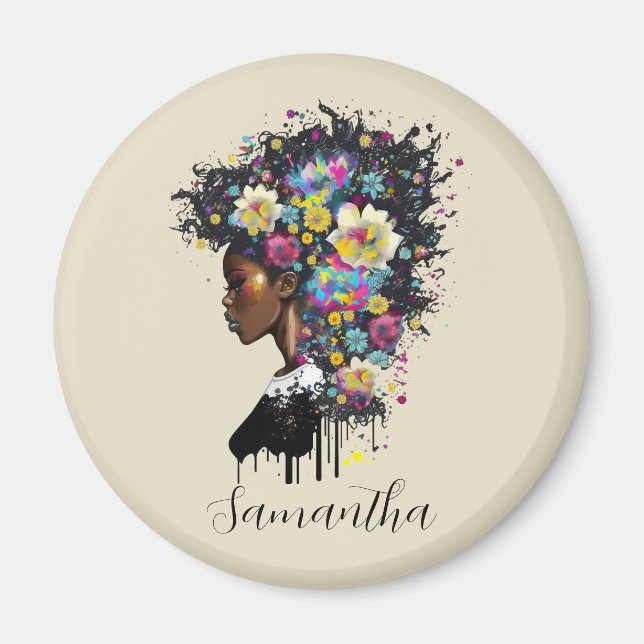 Floral Sparkling African American Woman Magnet (Front)