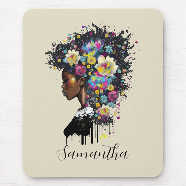 Floral Sparkling African American Woman Mouse Pad (Front)