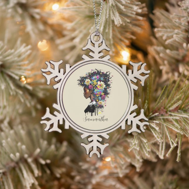 Floral Sparkling African American Woman Snowflake Pewter Christmas Ornament (Tree)