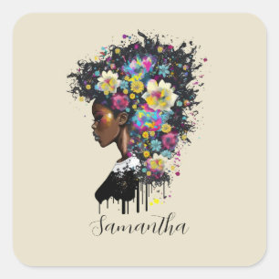 Floral Sparkling African American Woman Square Sticker