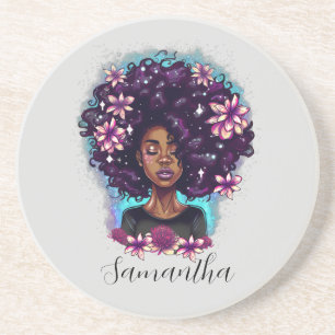 Floral Sparkling Afro Woman Coaster