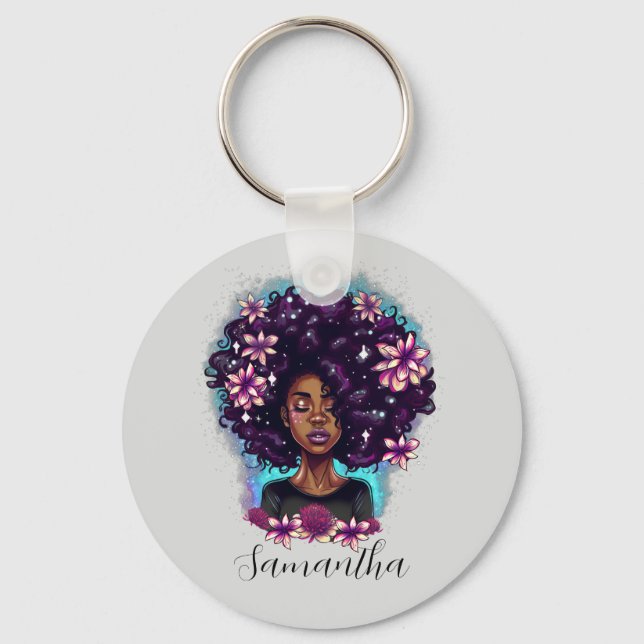 Floral Sparkling Afro Woman Key Ring (Front)