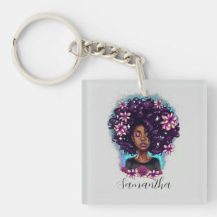 Floral Sparkling Afro Woman Key Ring