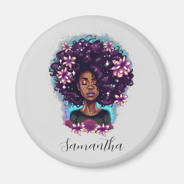 Floral Sparkling Afro Woman Magnet (Front)
