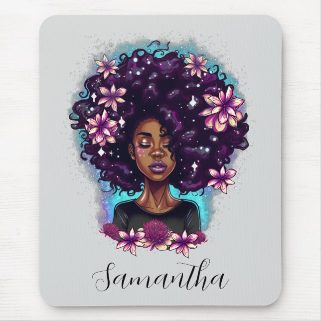 Floral Sparkling Afro Woman Mouse Pad (Front)