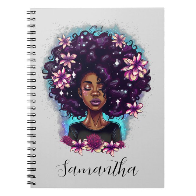 Floral Sparkling Afro Woman Notebook (Front)