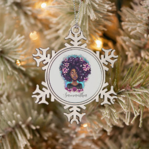 Floral Sparkling Afro Woman Snowflake Pewter Christmas Ornament