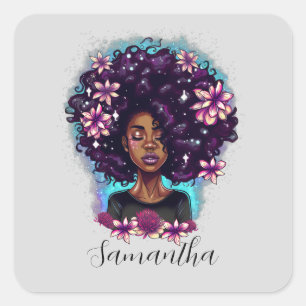 Floral Sparkling Afro Woman Square Sticker