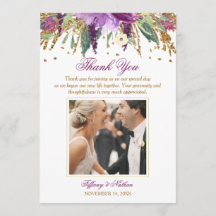 Floral Sparkling Amethyst Wedding Photo Thank You