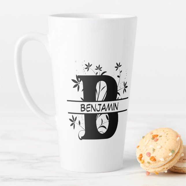 Floral Split Customised Alphabet monogram Letter B Latte Mug (In Situ)