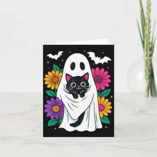 Floral Spooky Ghost Holding Black Cat Halloween Card