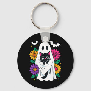 Floral Spooky Ghost Holding Black Cat Halloween Key Ring