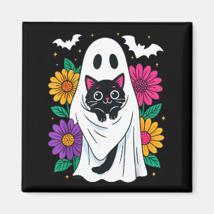 Floral Spooky Ghost Holding Black Cat Halloween Magnet