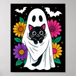 Floral Spooky Ghost Holding Black Cat Halloween Poster