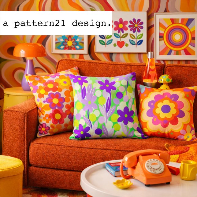 Floral Spots in lime green pattern Cushion (Groovy retro floral pillow bursting with vintage color and psychedelic charm.)