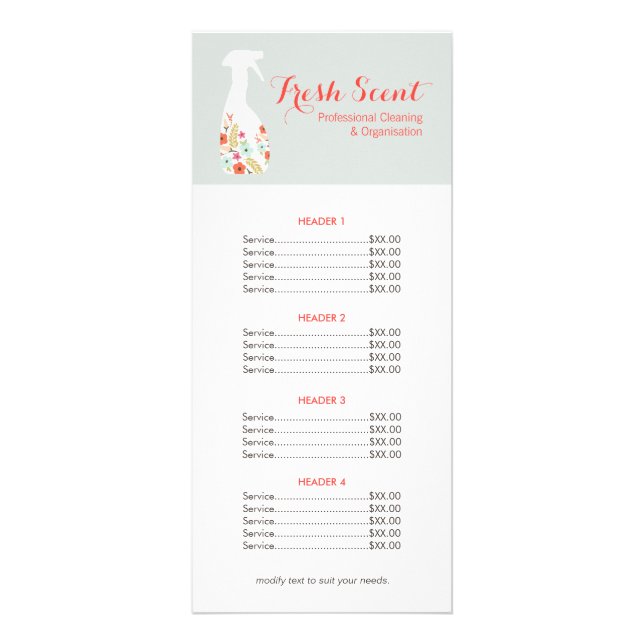 Floral Spray Bottle House Cleaning Price List Menu (Front)