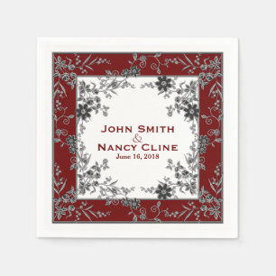 Floral Spray-Drk Red-Silver-Elegant Framed Napkins