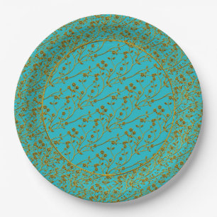 Floral Spray,GOLD-AQUA 6-PAPER PARTY PLATES