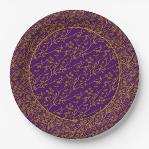 Floral Spray,GOLD-PURPLE 6-PAPER PARTY PLATES