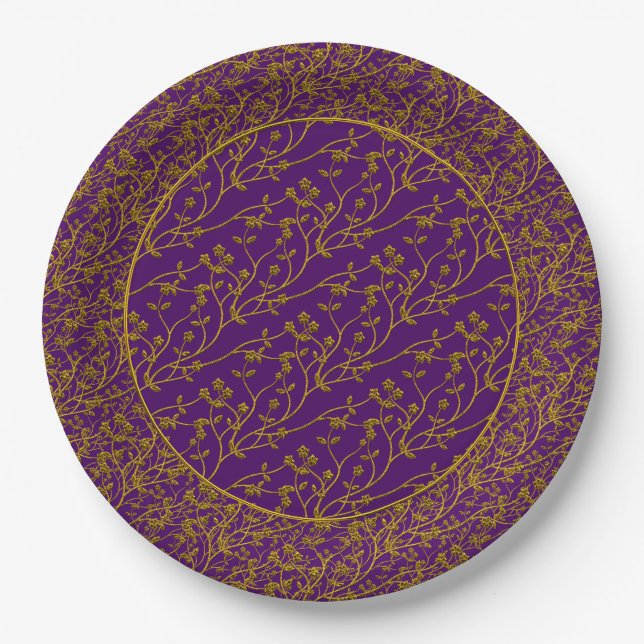 Floral Spray,GOLD-PURPLE 6-PAPER PARTY PLATES (Front)