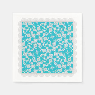 Floral Spray,Lace-White-Aqua-PAPER PARTY NAPKINS