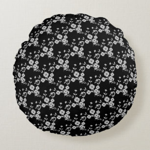 Floral Spray-S1-Black-White-16in ROUND PILLOW